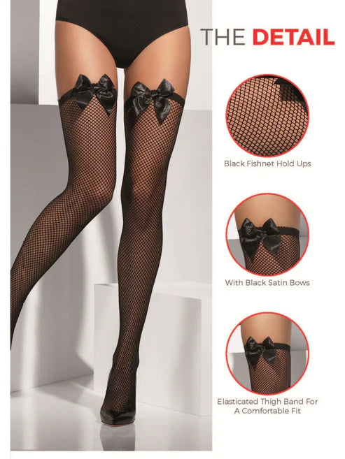 Fishnet Hold Ups Black with Bows Adult Tights