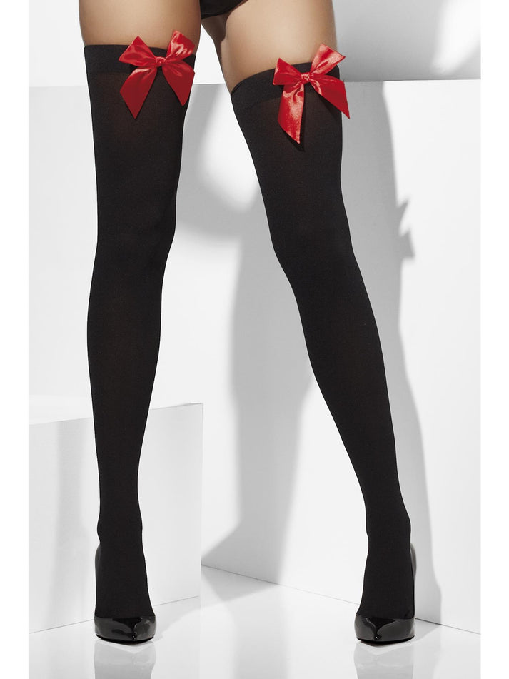 Opaque Hold Ups Black with Red Bows Adult Costume Accessory 1