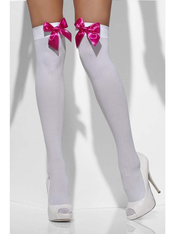 Opaque Hold Ups White with Fuchsia Bows Adult Costume Accessory 2