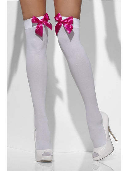 Opaque Hold Ups White with Fuchsia Bows Adult Costume Accessory 2