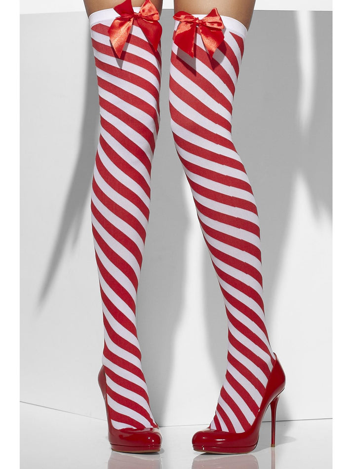 Opaque Hold Ups Red and White Striped with Bows