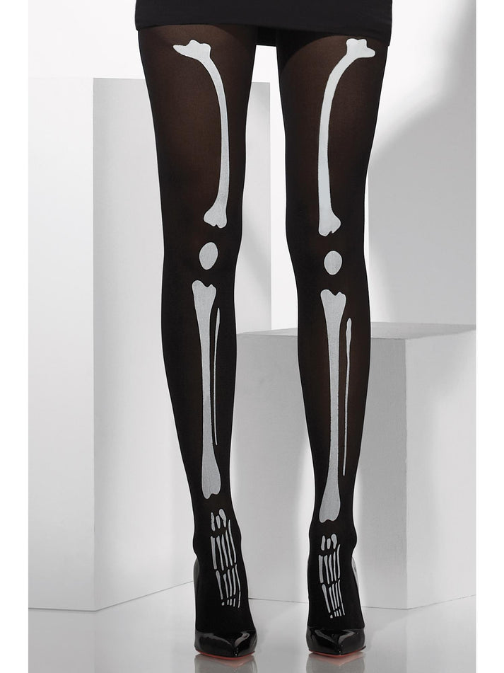 Opaque Tights Black with Skeleton Print Adult Costume Accessory 2