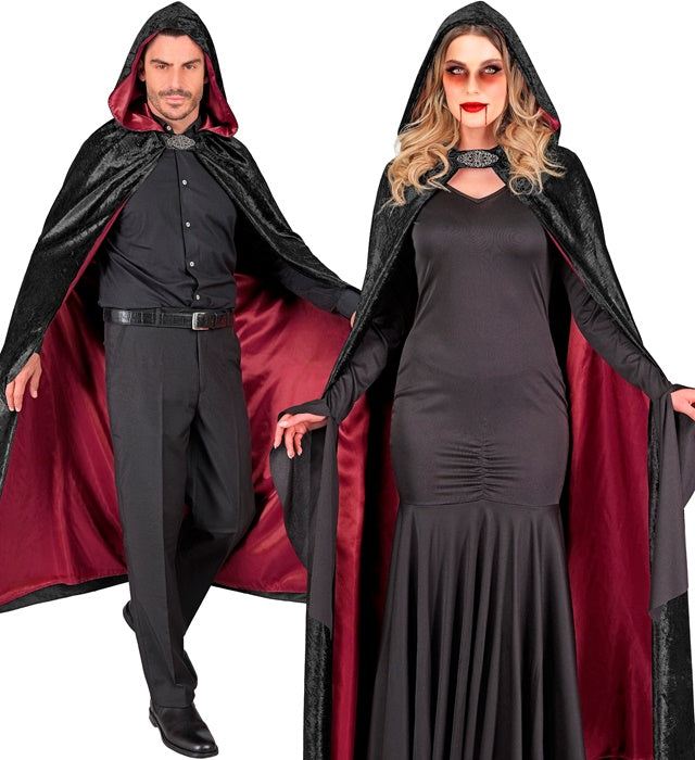 Black Velvet Hooded Cape With Red Lining 140 Cm