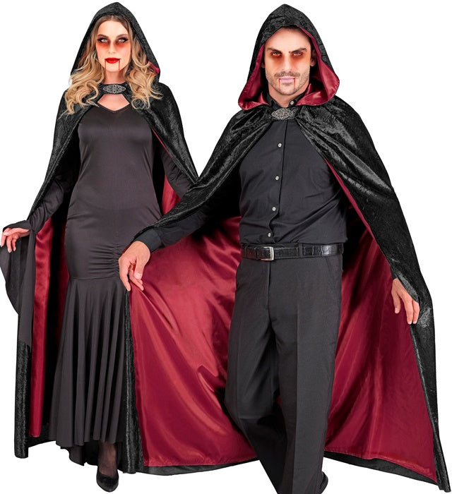 Black Velvet Hooded Cape With Red Lining 140 Cm