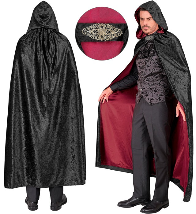 Black Velvet Hooded Cape With Red Lining 140 Cm