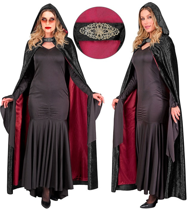 Black Velvet Hooded Cape With Red Lining 140 Cm
