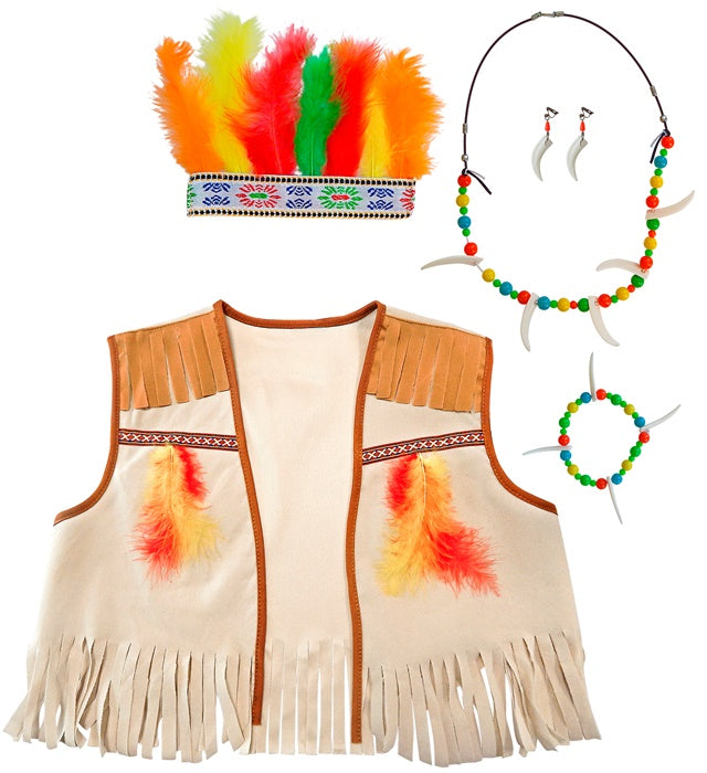 Indian Dress-Up Set  Vest, Headband With Feathers, Earring, Necklace, Bracelet 