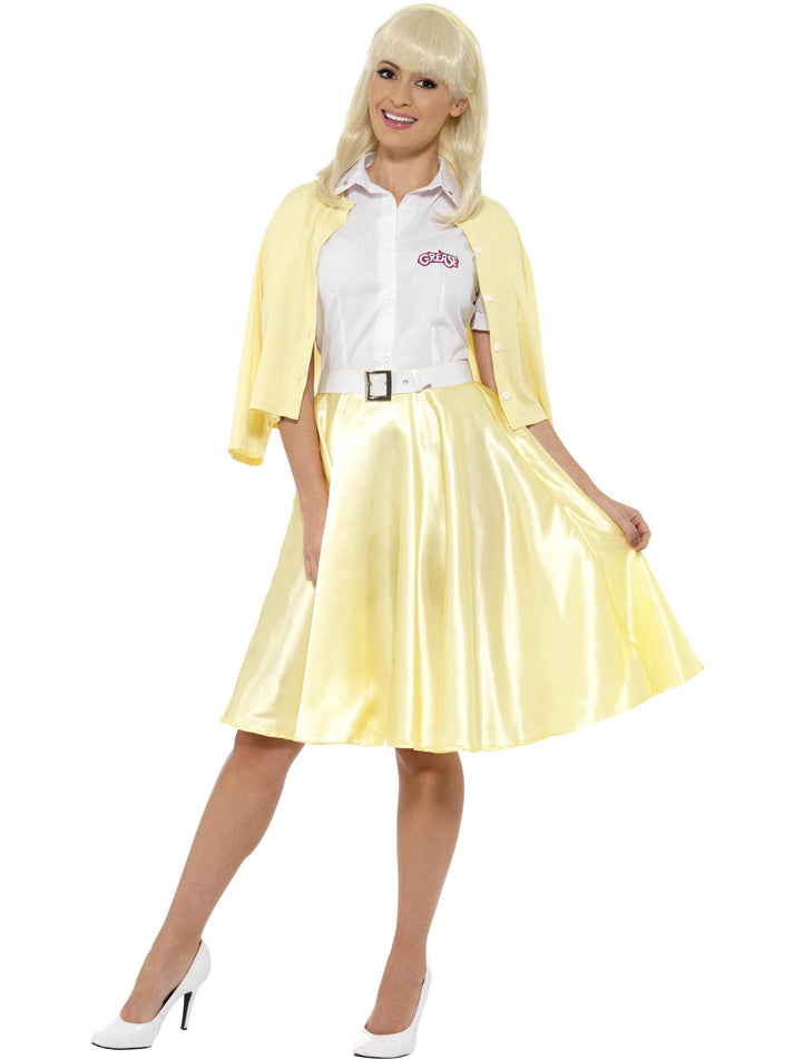 Grease Sandy Costume Adult Yellow Skirt Mock Cardigan White Shirt Belt and Headband 1