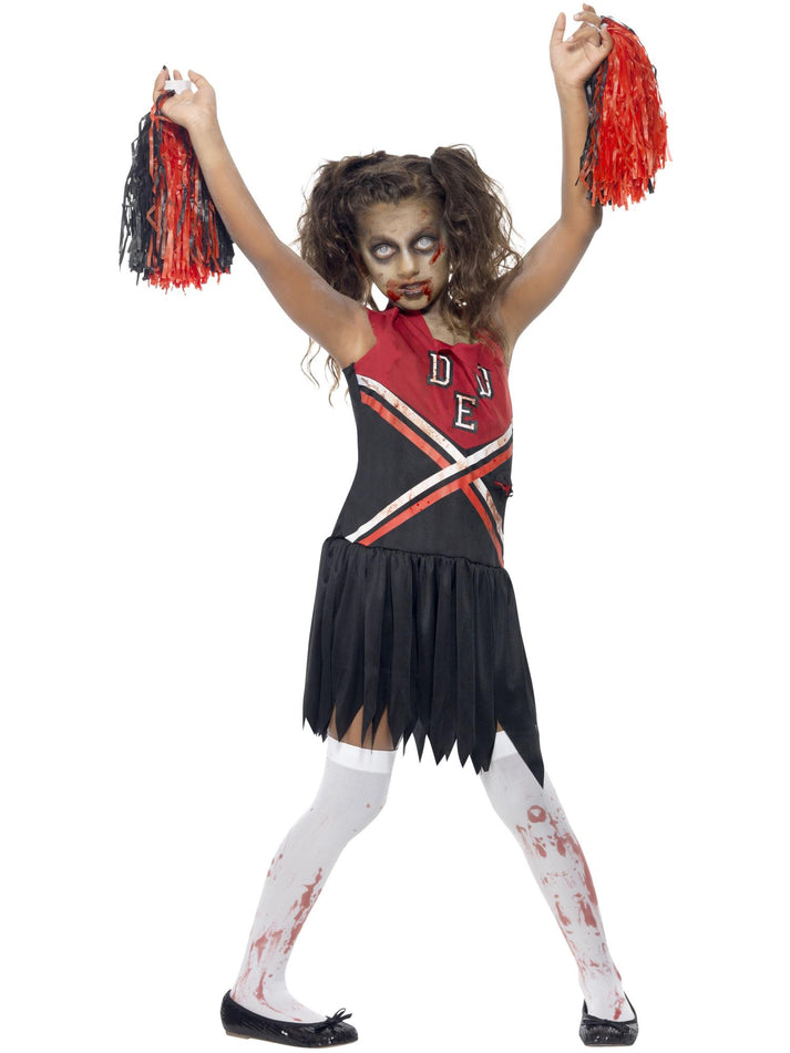 Zombie Cheerleader Costume Kids Red and Black Blood Stained Dress and Pom Poms