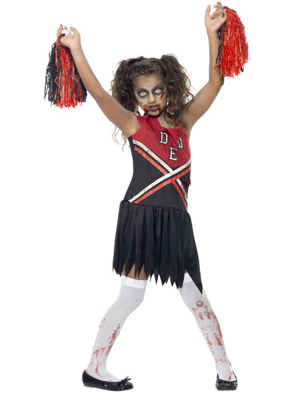 Zombie Cheerleader Costume Kids Red and Black Blood Stained Dress and Pom Poms 4