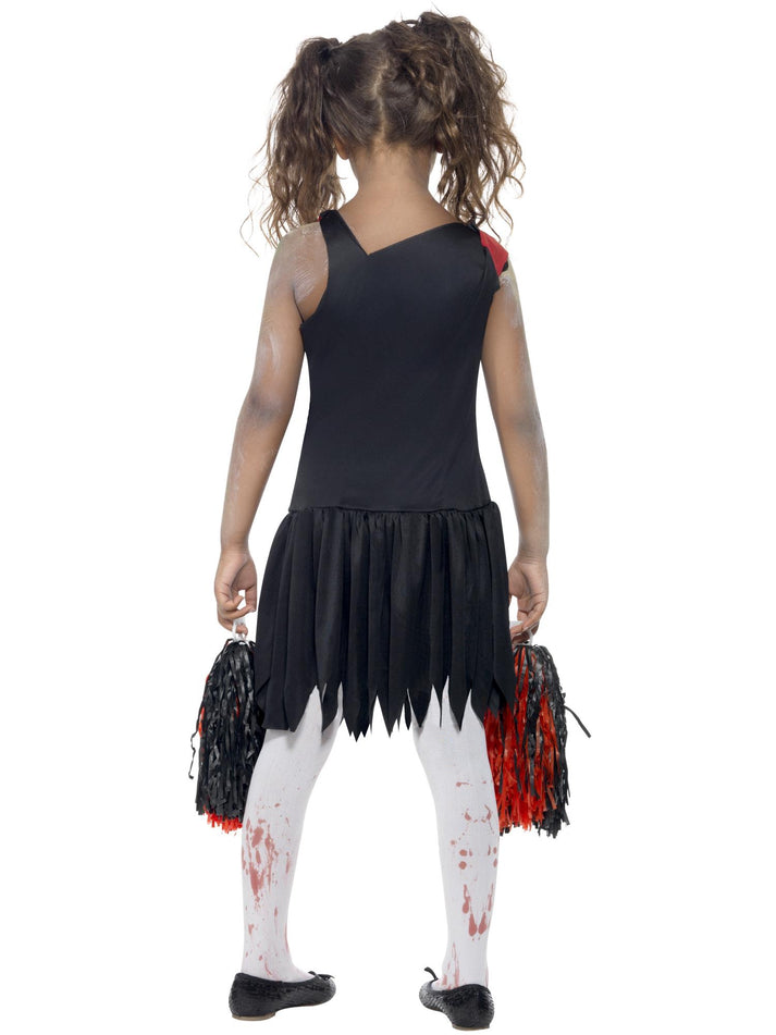 Zombie Cheerleader Costume Kids Red and Black Blood Stained Dress and Pom Poms