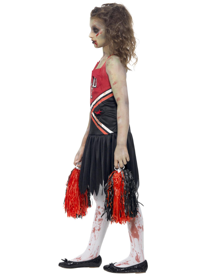 Zombie Cheerleader Costume Kids Red and Black Blood Stained Dress and Pom Poms