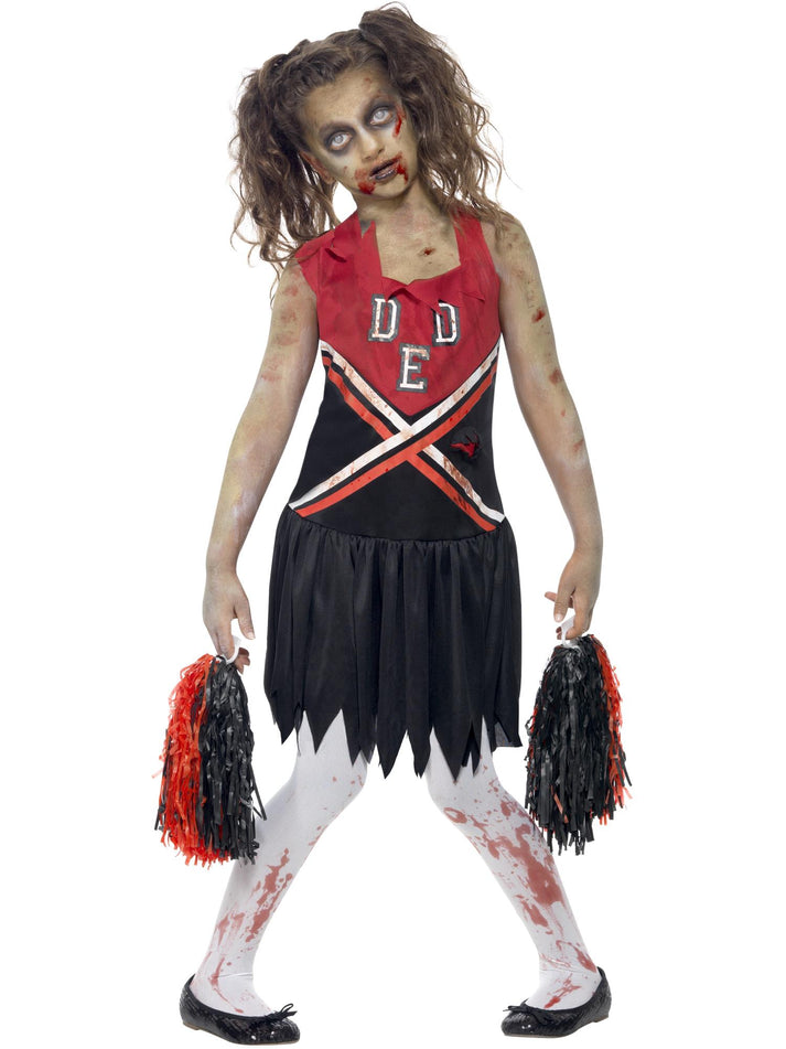 Zombie Cheerleader Costume Kids Red and Black Blood Stained Dress and Pom Poms