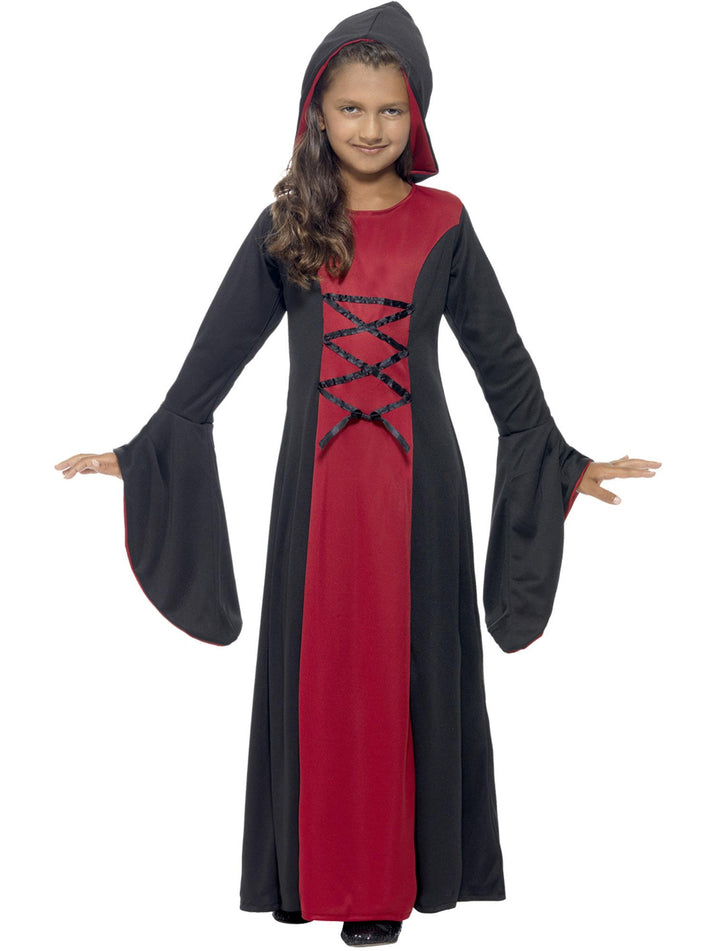 Vamp Costume Kids Red Black Hooded Dress with Lace Up Detail