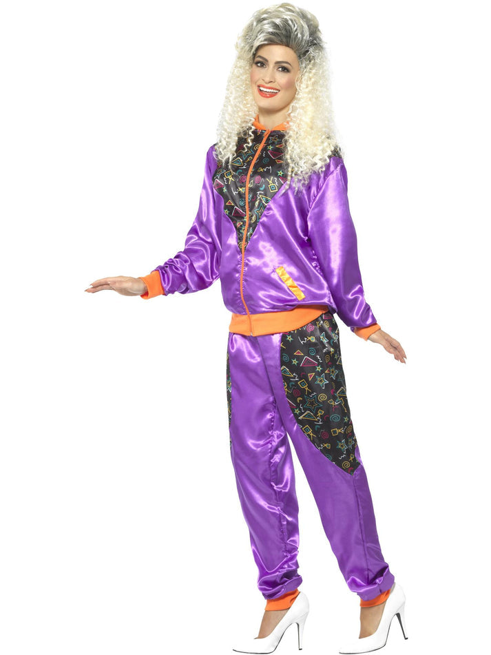 80s Retro Shell Suit Costume Ladies Adult Purple Jacket and Trousers