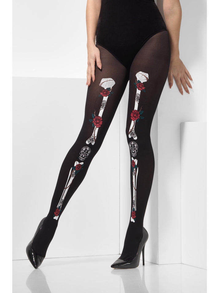 Opaque Day Of The Dead Tights Black With Traditional Day Of The Dead Skull Design 1