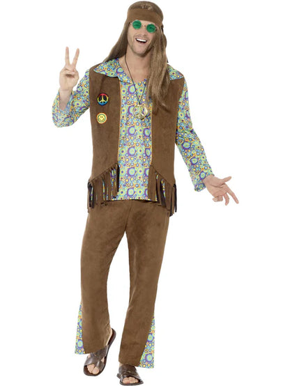 60s Hippie Costume for Men Brown Waistcoat Trousers Medallion Headband 4