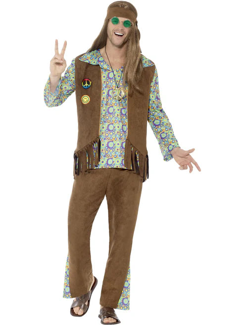 60s Hippie Costume for Men Brown Waistcoat Trousers Medallion Headband