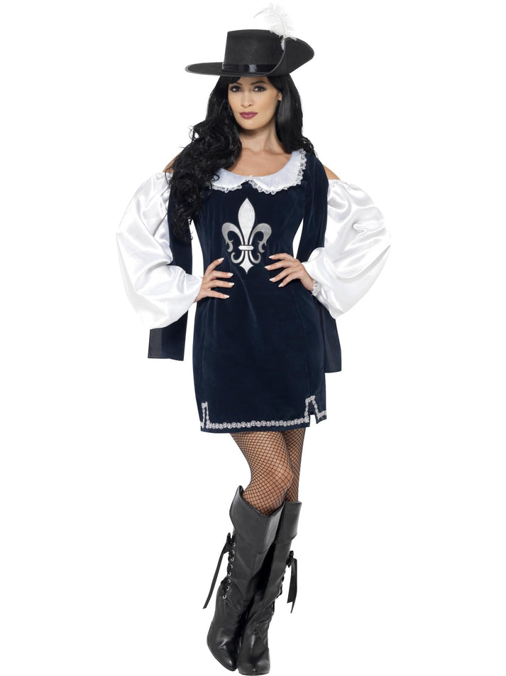 Musketeer Female Costume Adult Navy Blue Dress With White Sleeves Hat