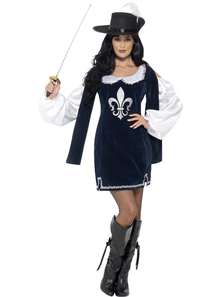 Musketeer Female Costume Adult Navy Blue Dress With White Sleeves Hat