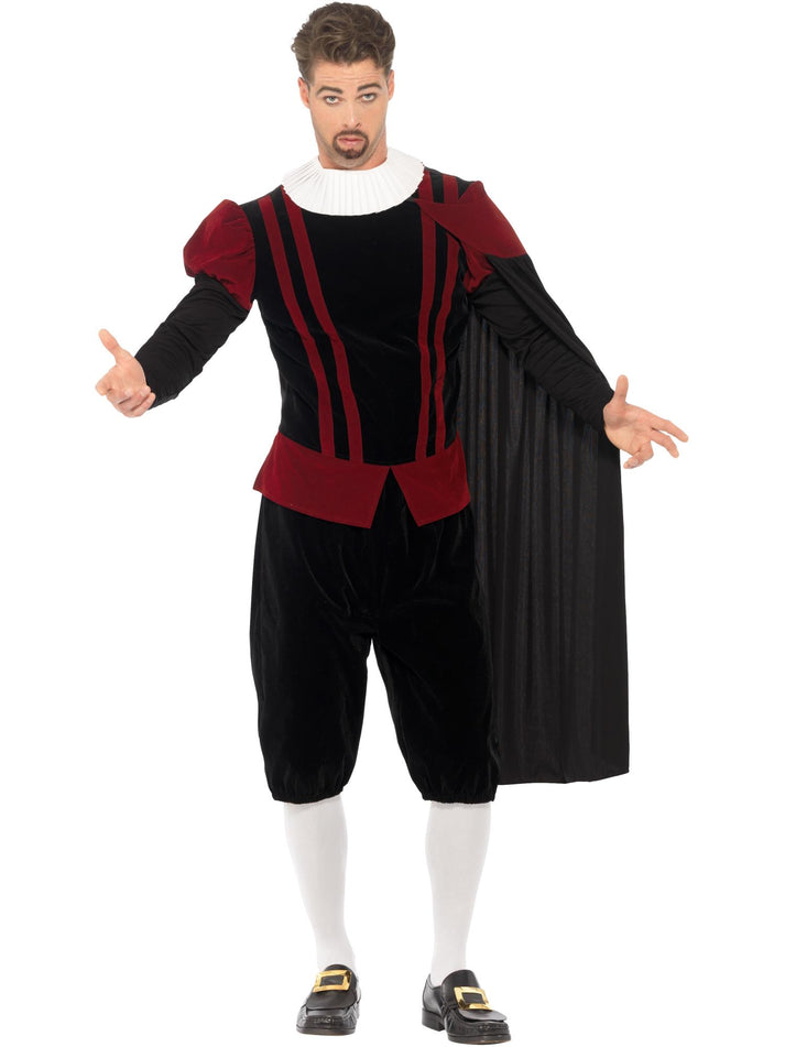 Tudor Lord Deluxe Costume Adult Black Red Top Black Trousers Cape and White Neck Ruffle 4