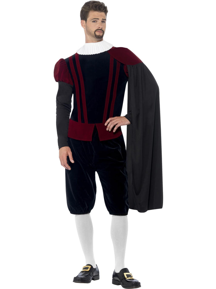 Tudor Lord Deluxe Costume Adult Black Red Top Black Trousers Cape and White Neck Ruffle 2