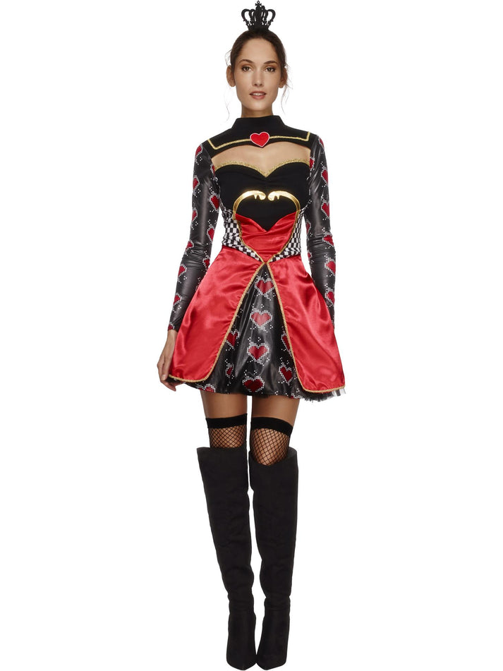 Fever Queen Of Hearts Costume Adult Black Red Dress Attached Underskirt and Mini Crown 1