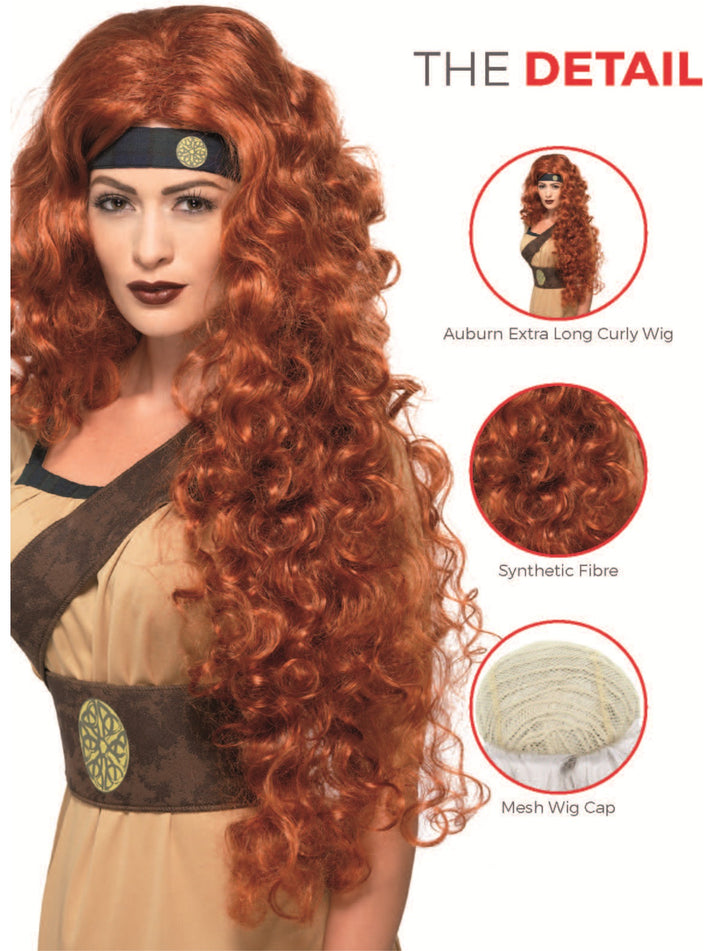 Medieval Warrior Queen Extra Long Curly Auburn Adult Wig