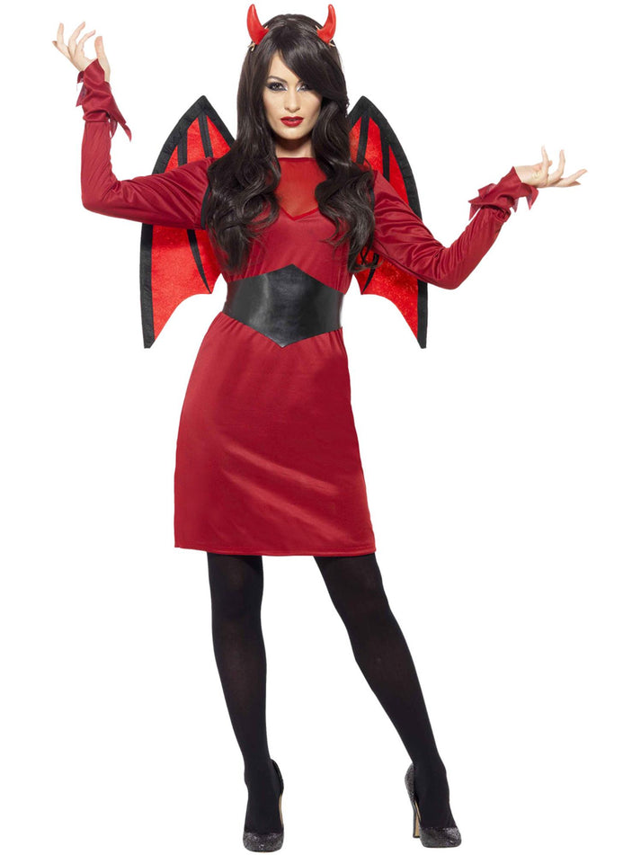 Devil Costume Adult Red Dress Wings Belt Horns Sexy Halloween Demon Outfit