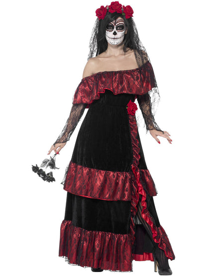 Day Of The Dead Bride Costume Adult Red Dress Rose Veil 4