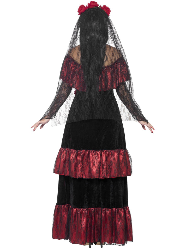 Day Of The Dead Bride Costume Adult Red Dress Rose Veil 3