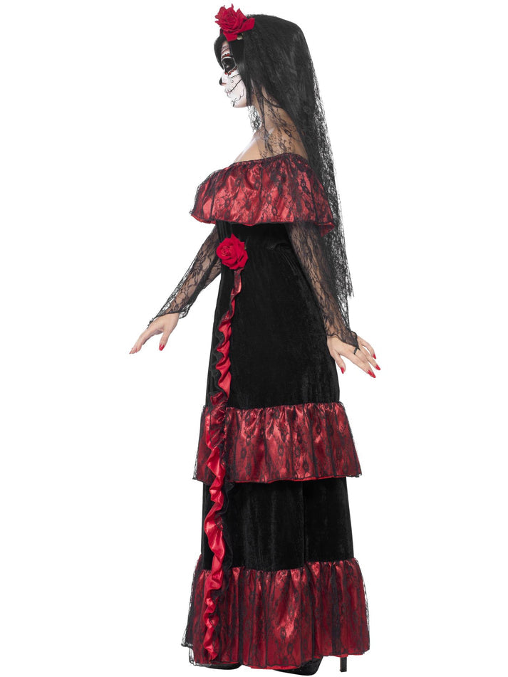 Day Of The Dead Bride Costume Adult Red Dress Rose Veil 2