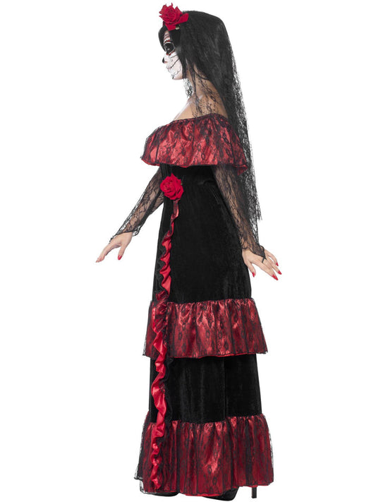 Day Of The Dead Bride Costume Adult Red Dress Rose Veil 2