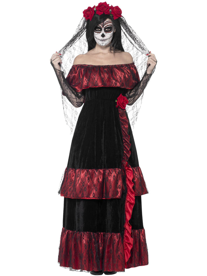 Day Of The Dead Bride Costume Adult Red Dress Rose Veil 1