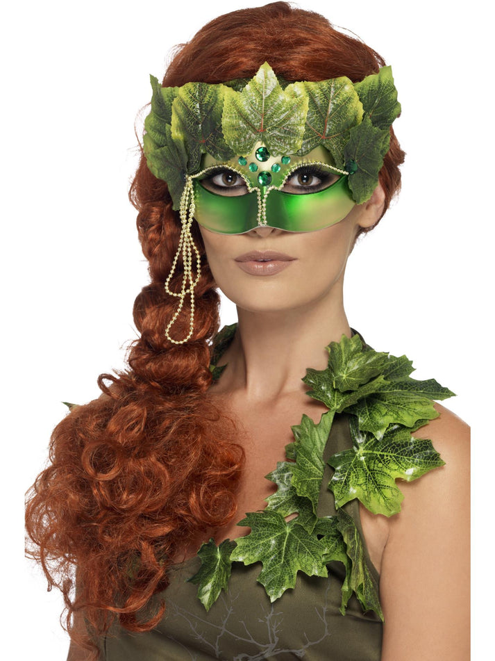 Forest Nymph Eyemask Adult Green with Fabric Leaves and Jewels