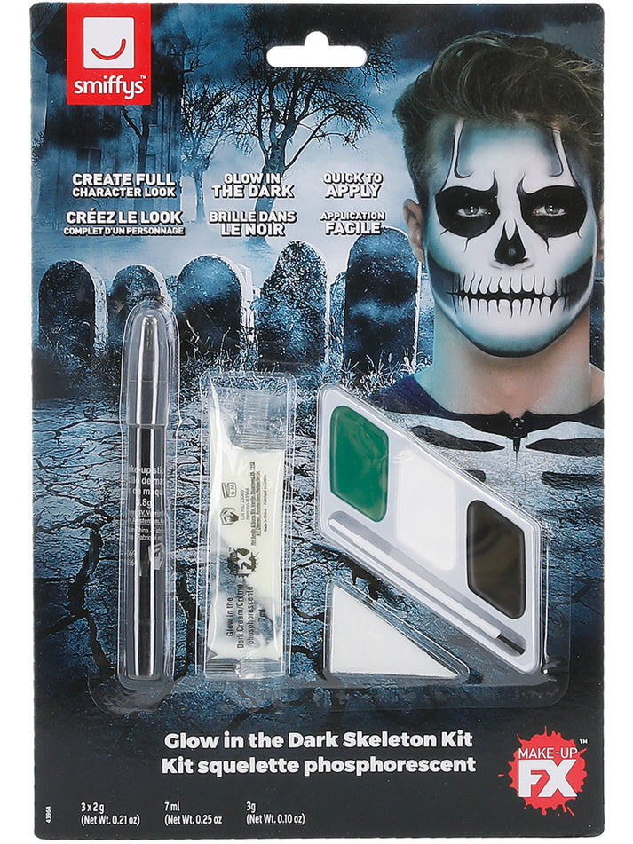 Glow In The Dark Skeleton Kit 3 Colour Facepaints GID Sachet Crayon Sponge Brush 1