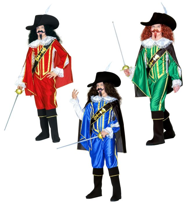 Musketeer 3 Colors Ass.  Shirt With Overcoat, Pants, Boot Covers, Cape, Hat 