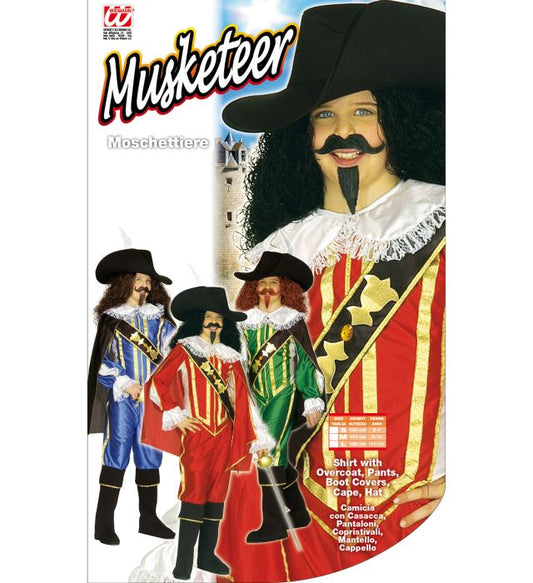 Musketeer 3 Colors Ass.  Shirt With Overcoat, Pants, Boot Covers, Cape, Hat 