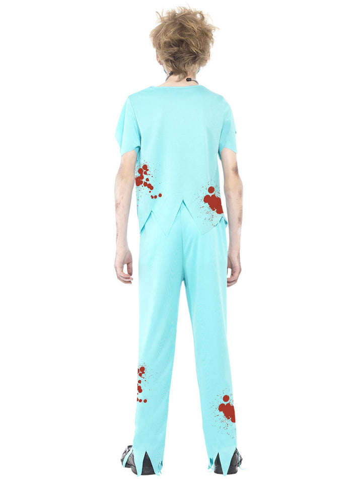 Zombie Surgeon Costume Kids Blue Trousers Top with Exposed Ribs Mask and Stethoscope 3