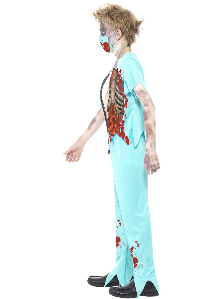 Zombie Surgeon Costume Kids Blue Trousers Top with Exposed Ribs Mask and Stethoscope 2