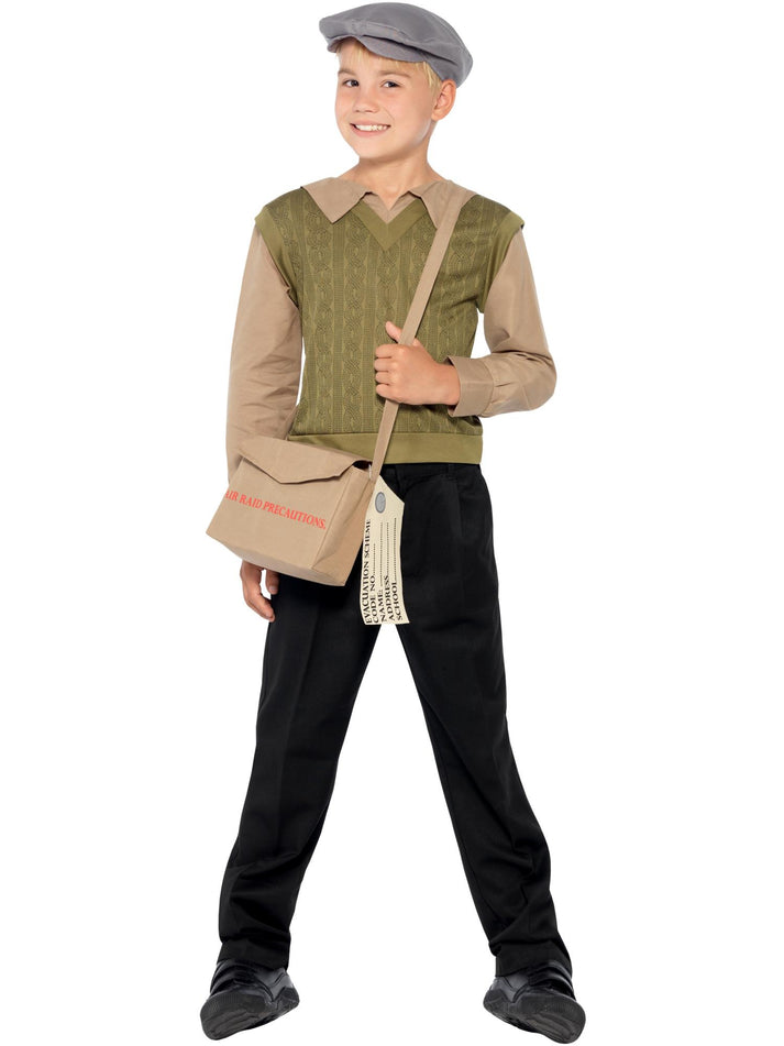 Evacuee Boy Kit Kids Green Jumper With Attached Shirt Grey Hat Bag and Tag