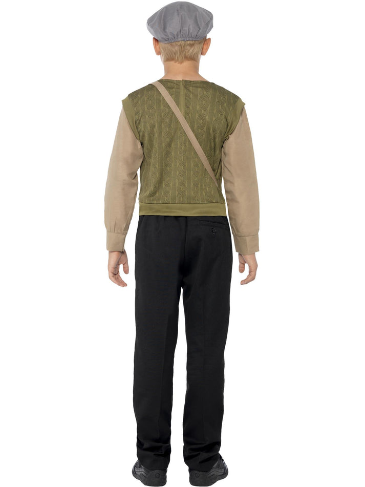 Evacuee Boy Kit Kids Green Jumper With Attached Shirt Grey Hat Bag and Tag