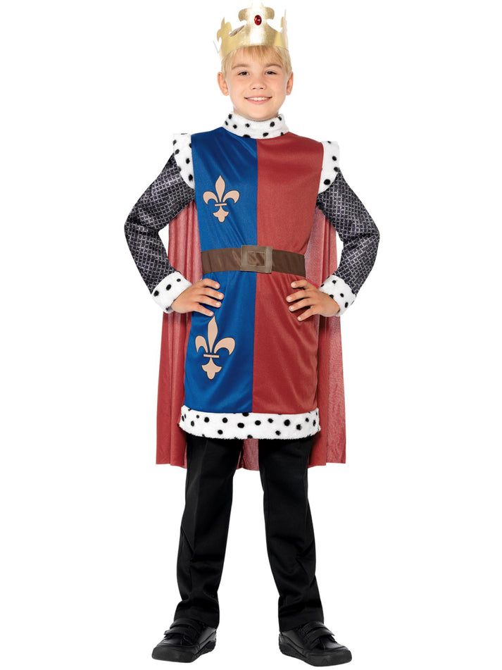 Kids King Arthur Medieval Costume Blue Red Tunic Red Cape Gold Coloured Crown