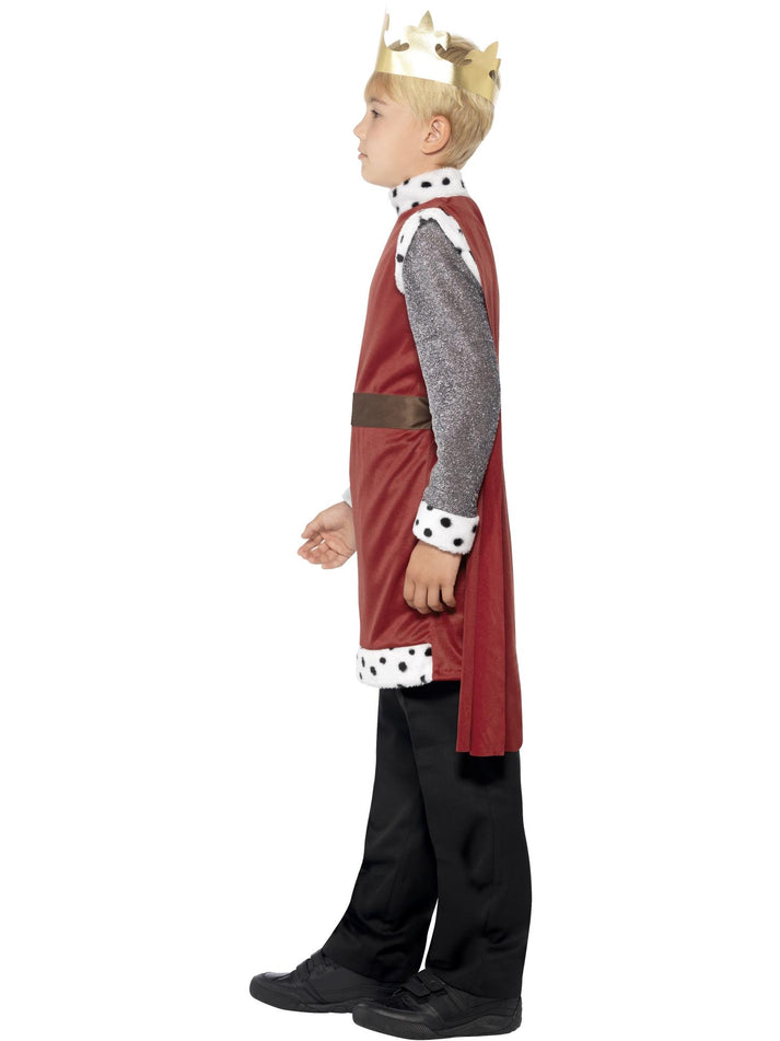 Kids King Arthur Medieval Costume Blue Red Tunic Red Cape Gold Coloured Crown 2