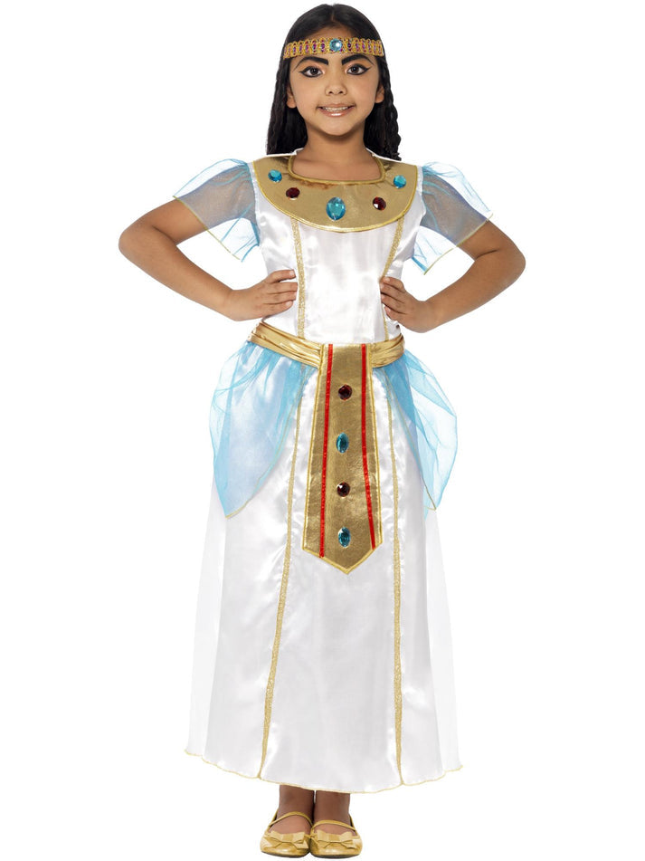 Deluxe Cleopatra Girl Costume Kids White Blue Dress And Coloured Headpiece