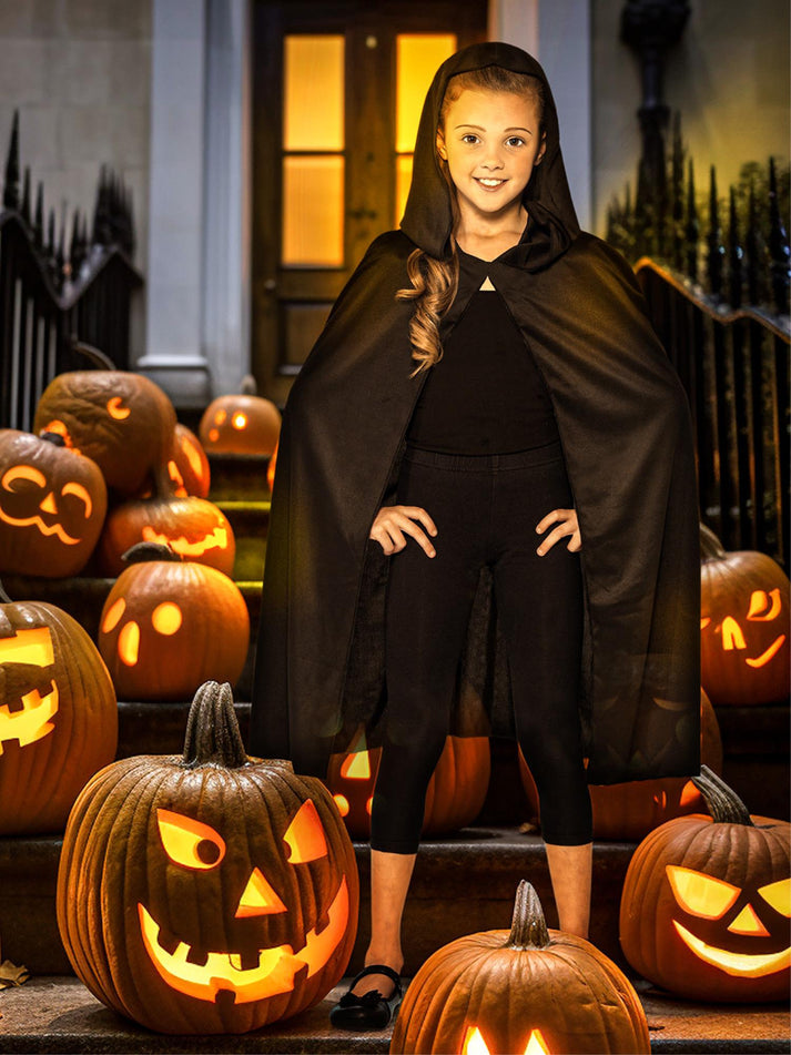 Hooded Cape Kids Long Black Creepy Vampire Halloween Costume Accessory 2