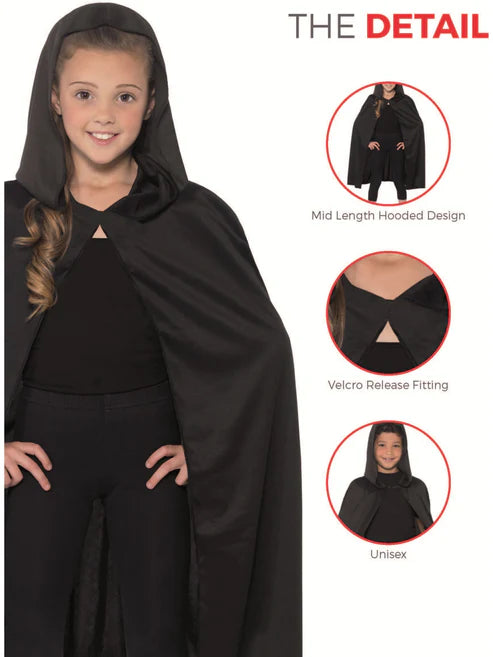 Hooded Cape Kids Long Black Creepy Vampire Halloween Costume Accessory