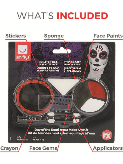 Day of The Dead Make Up Kit Face Paints Tattoo Gem Stickers Crayon Applicators 9