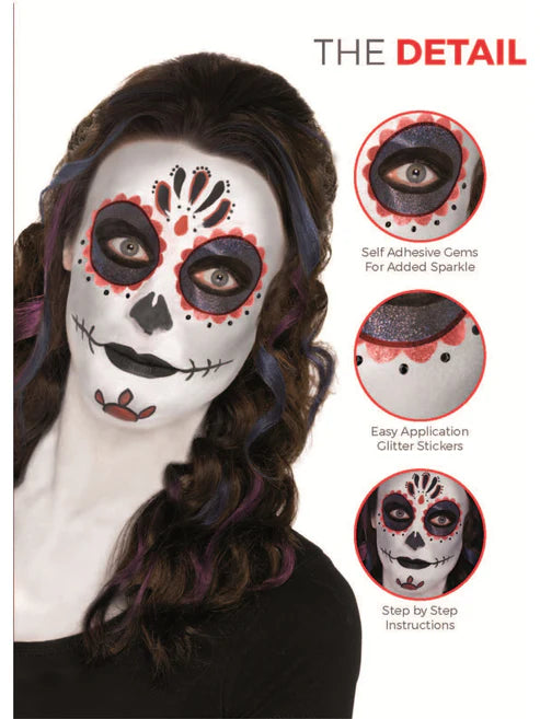 Day of The Dead Make Up Kit Face Paints Tattoo Gem Stickers Crayon Applicators 10