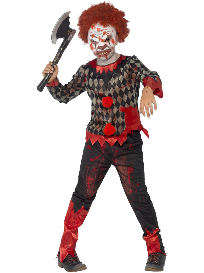 Deluxe Zombie Clown Costume Kids Red Black Top and Trousers Latex Mask with Hair 4